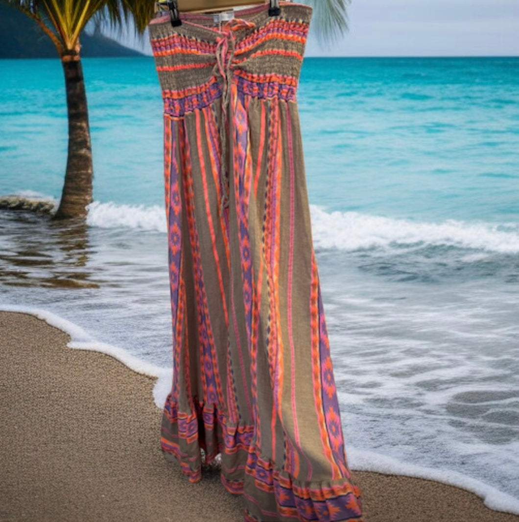 Multi Colour Strapless Sun Dress With Elasticated Bodice