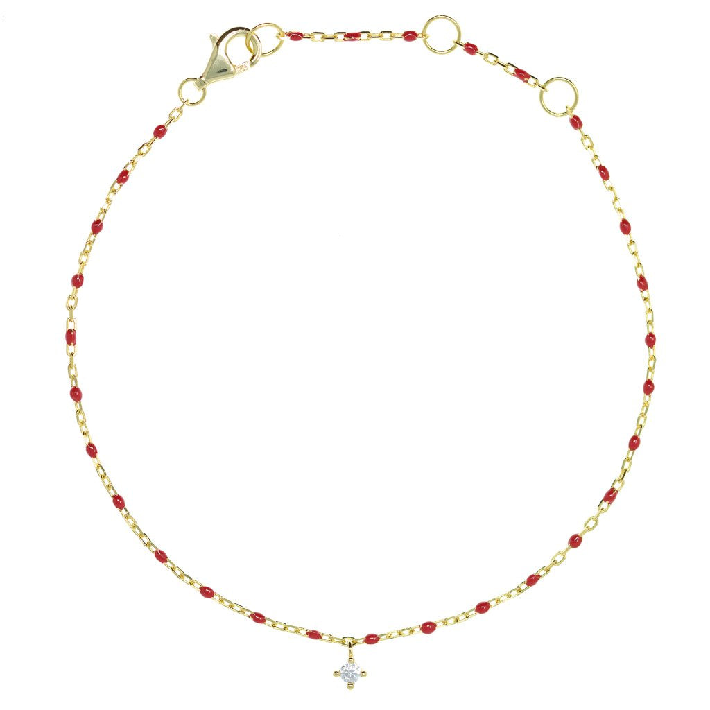 Red Bead and Chain Bracelet with Hanging Cubic Zirconia