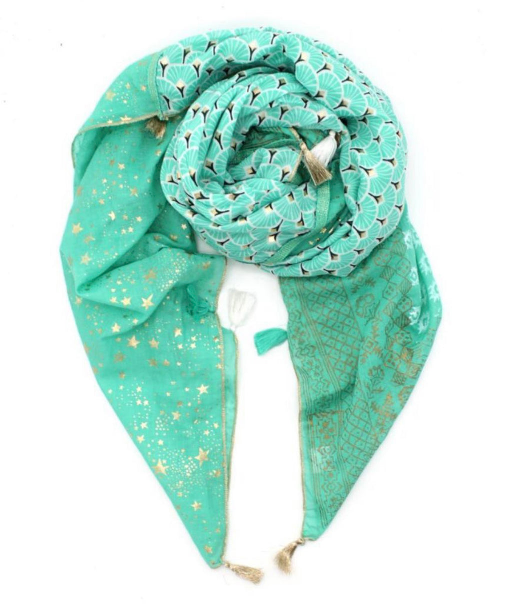 Mint Green Star Three Print  Square Scarf
